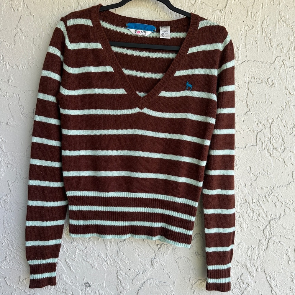 Pout Vintage Y2K Angora Striped‎ V-Neck Sweater Brown Mint Green Women Small